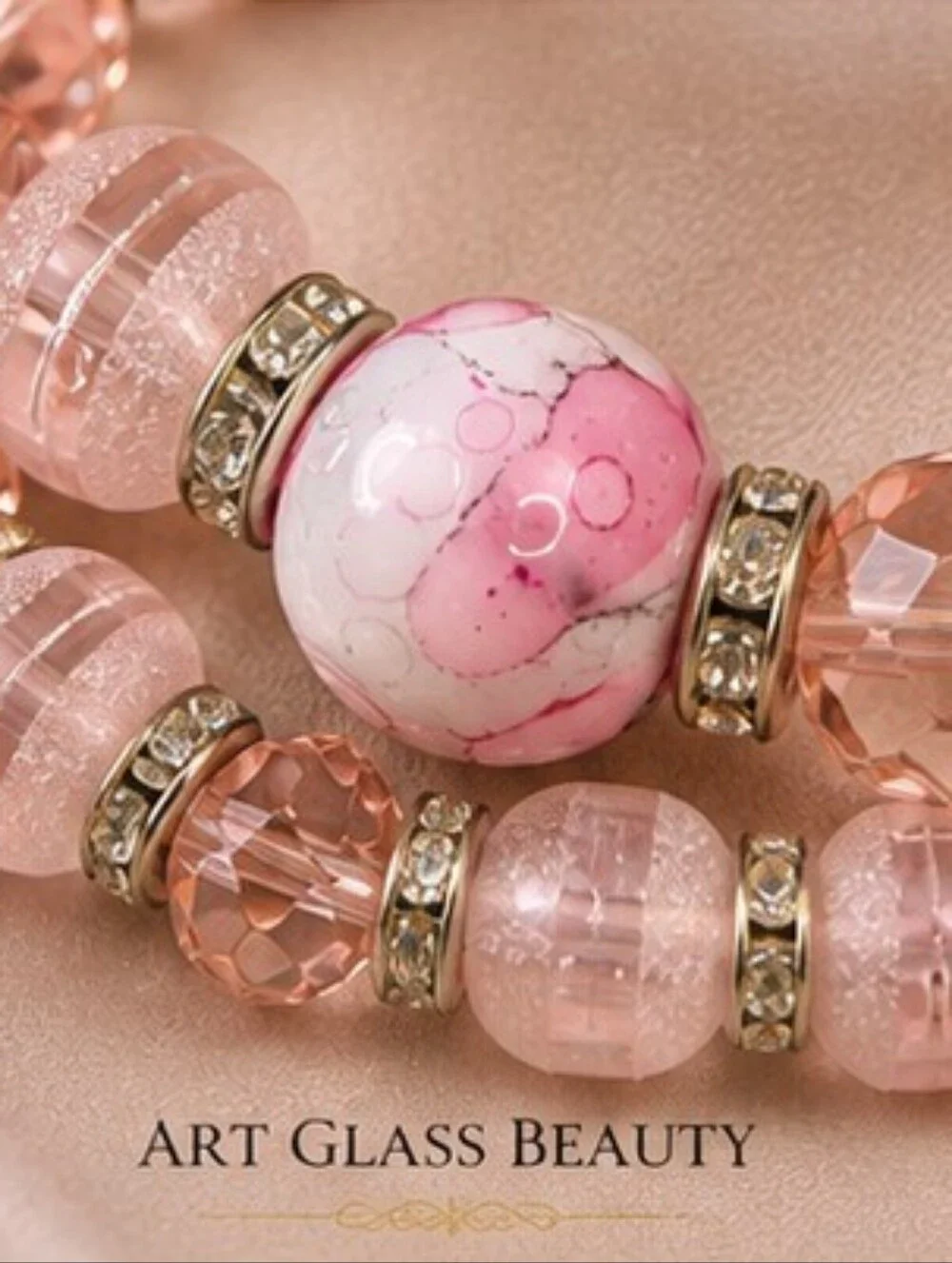 Vintage Pink Art Glass Beaded Bracelet Rhinestone Stretch Statement